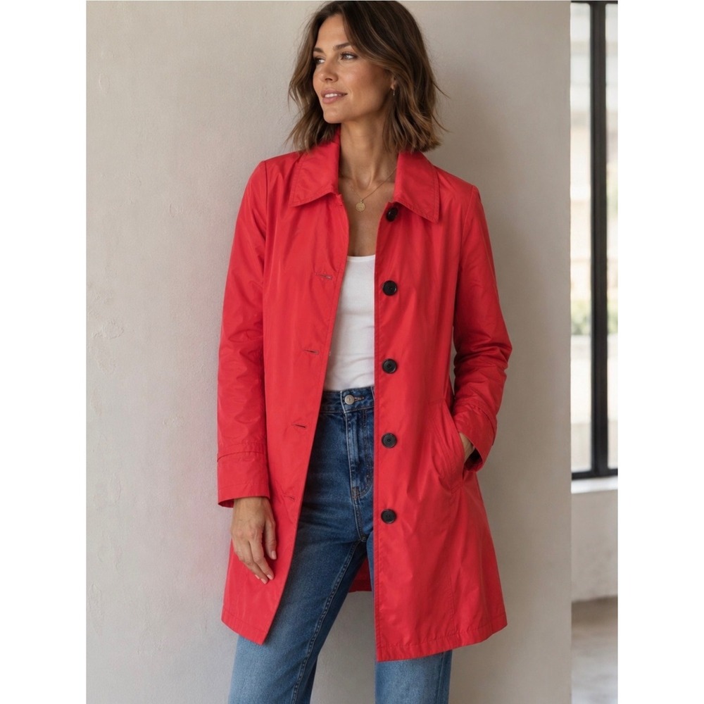 Lands End Womens Coral Pink Trench Coat Jacket Button Front L 14-16 Single